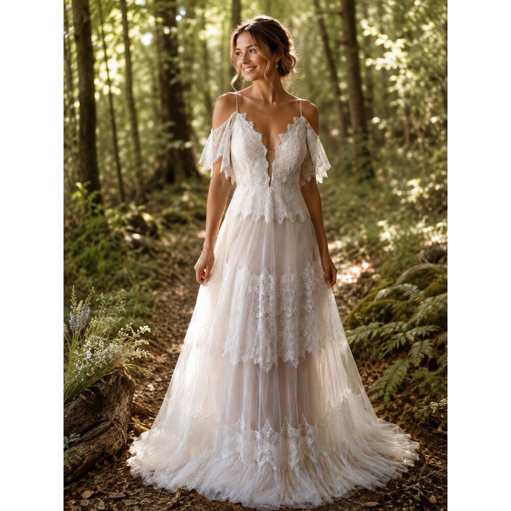 Boho Woodland Beach Lace Pearl Corset V-Neck Wedding Dress Blush White XXL NWT